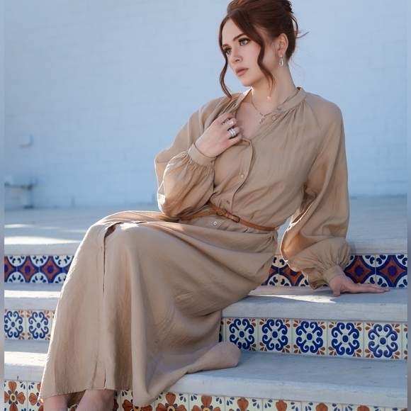 MNG Balloon Sleeve Maxi Shirtdress Tan 6 hipster summer safari bohemian beach - Picture 1 of 15
